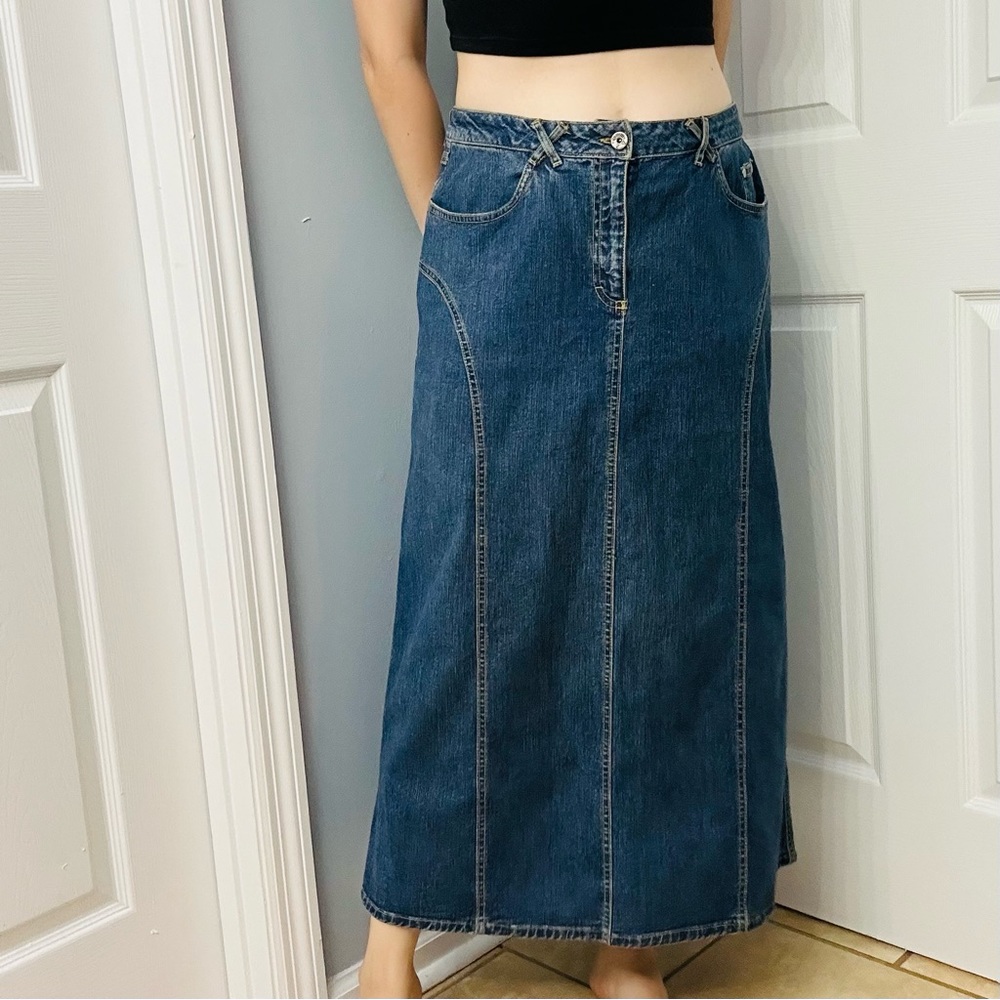 Vintage Denim Maxi Skirt Medium Blue Leg Slit 90s/Y2K Casual Long 10 Medium